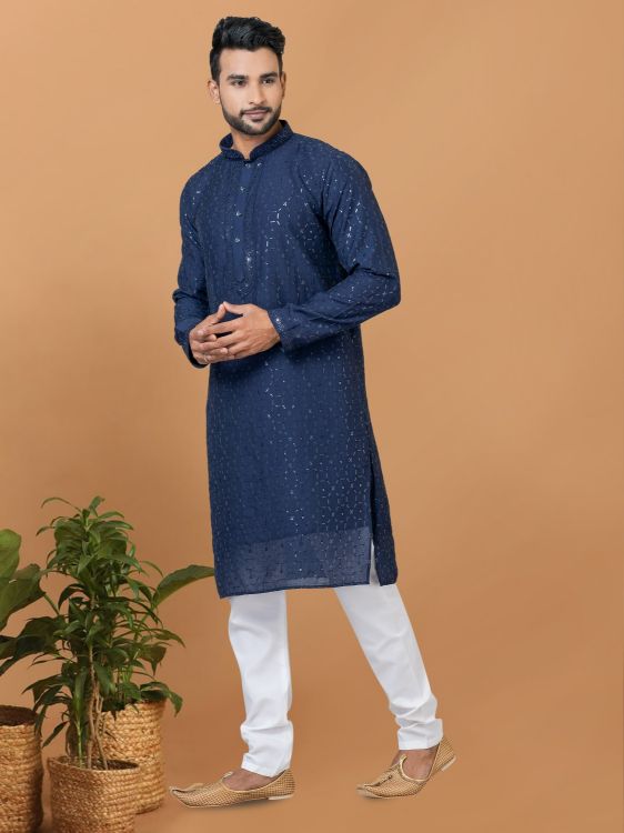 Picture of Excellent Viscose Cotton Blue Kurta Pajama