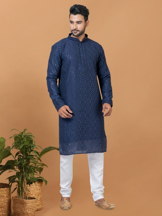 Picture of Excellent Viscose Cotton Blue Kurta Pajama
