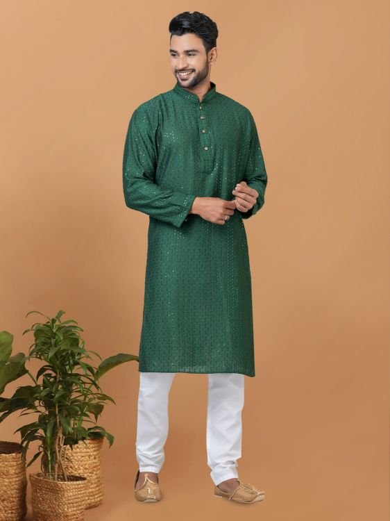 Picture of Ravishing Viscose Cotton Green Kurta Pajama