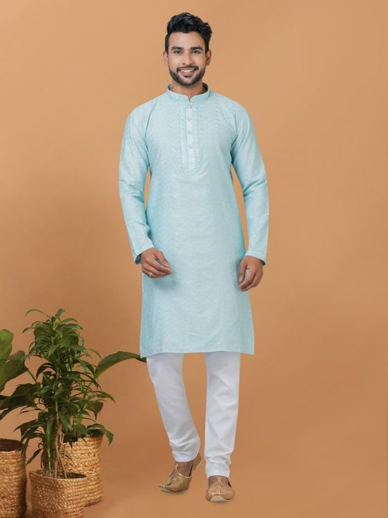 Picture of Magnificent Viscose Cotton Sky Blue Kurta Pajama