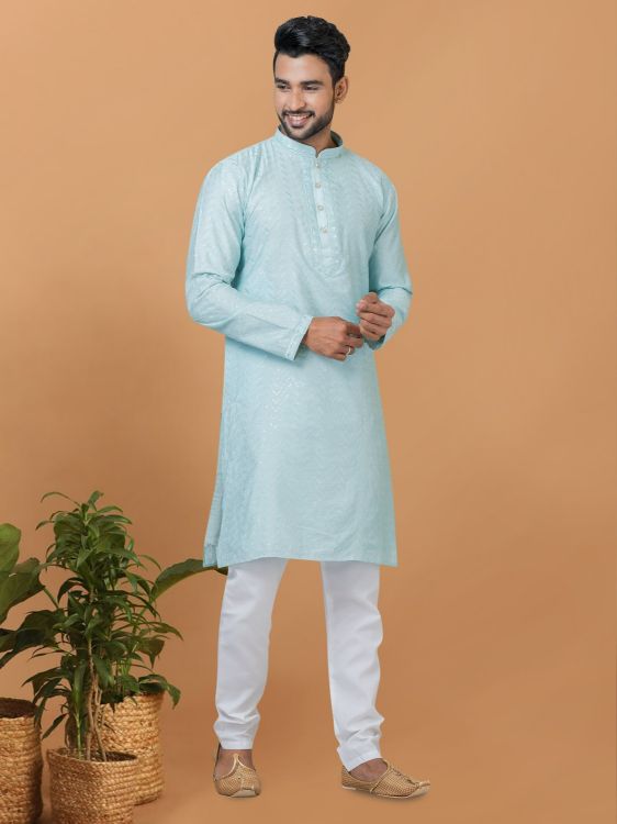 Picture of Magnificent Viscose Cotton Sky Blue Kurta Pajama