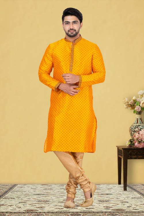 Picture of Fascinating Dupion Silk Yellow Kurta Pajama