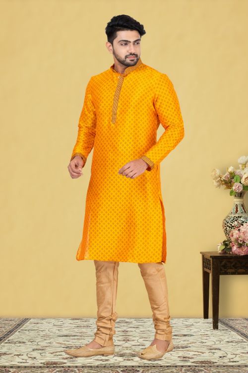 Picture of Fascinating Dupion Silk Yellow Kurta Pajama