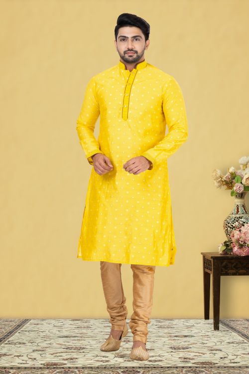 Picture of Nice Cotton Yellow Kurta Pajama