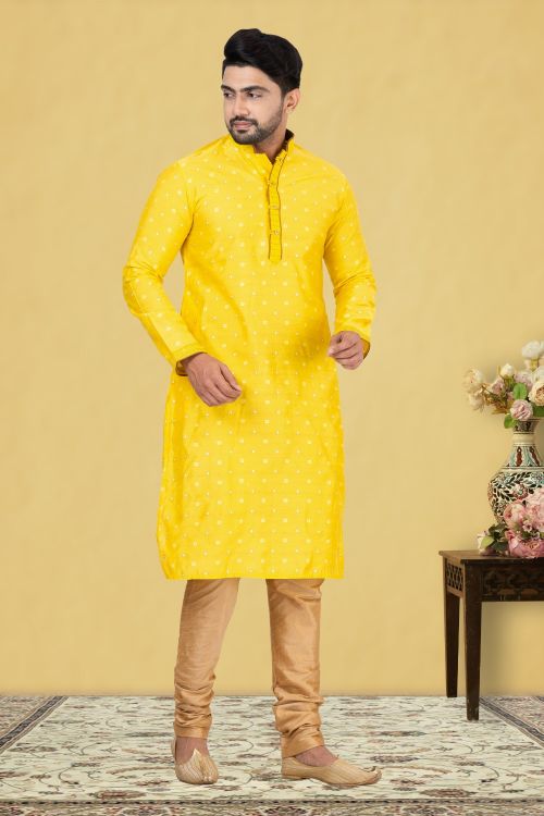 Picture of Nice Cotton Yellow Kurta Pajama