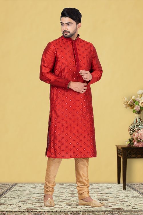 Picture of Beautiful Dupion Silk Red Kurta Pajama
