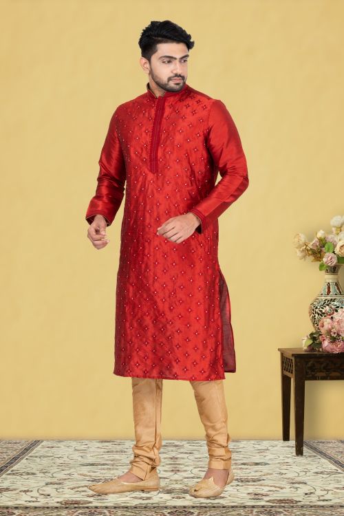 Picture of Beautiful Dupion Silk Red Kurta Pajama