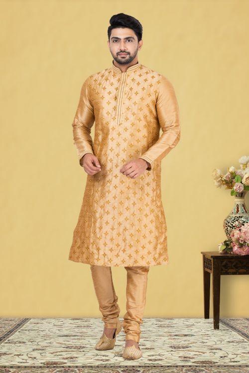 Picture of Marvelous Dupion Silk Golden Kurta Pajama