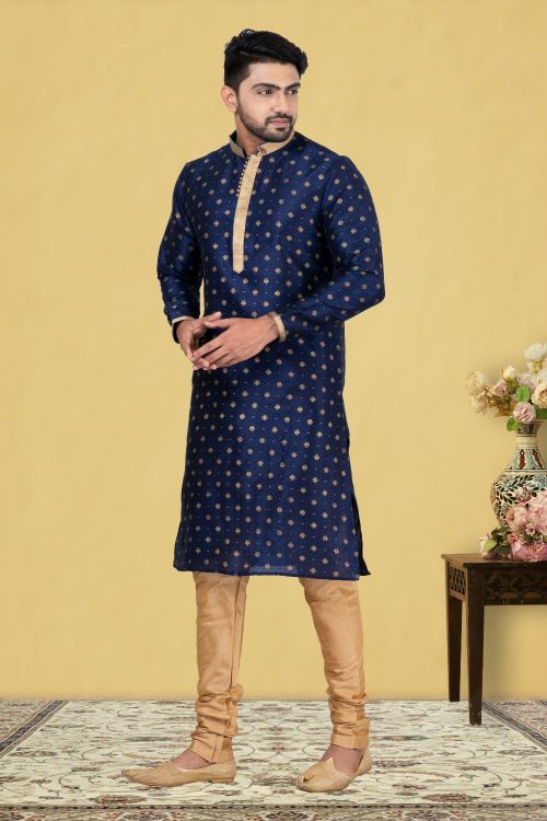 Picture of Fascinating Dupion Silk Navy Blue Kurta Pajama