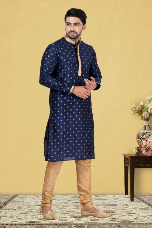 Picture of Fascinating Dupion Silk Navy Blue Kurta Pajama