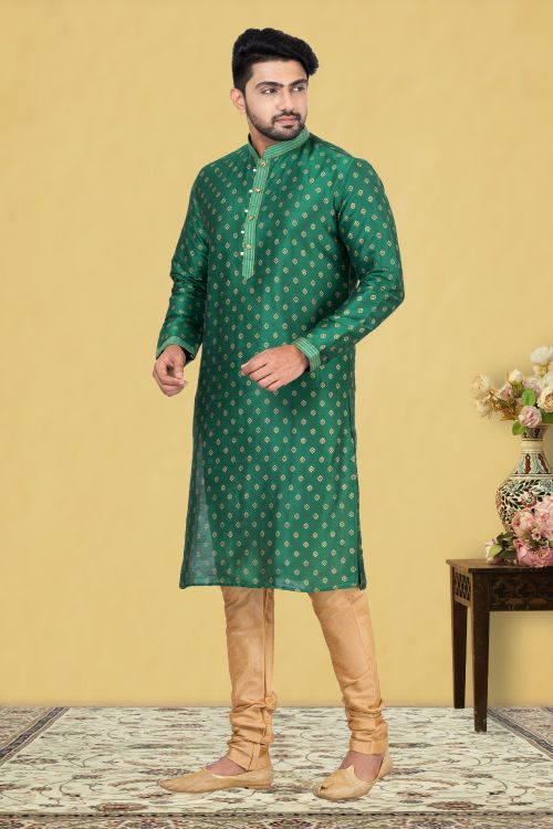 Picture of Lovely Dupion Silk Green Kurta Pajama