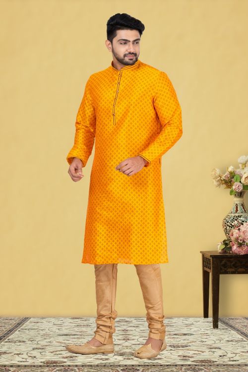 Picture of Enticing Dupion Silk Yellow Kurta Pajama