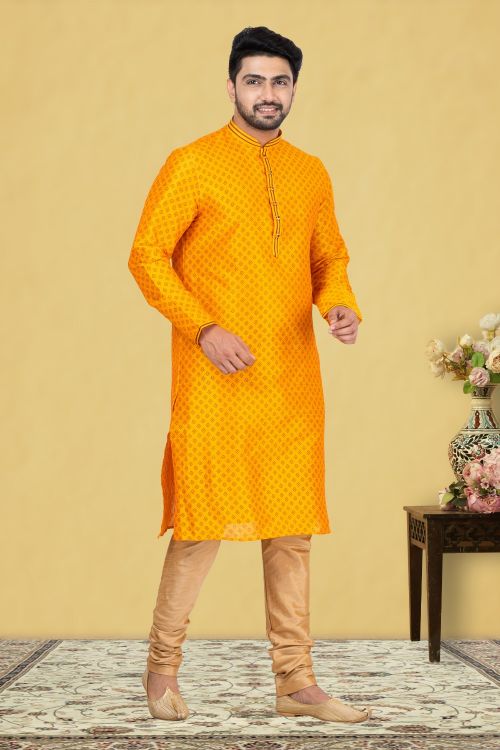 Picture of Enticing Dupion Silk Yellow Kurta Pajama