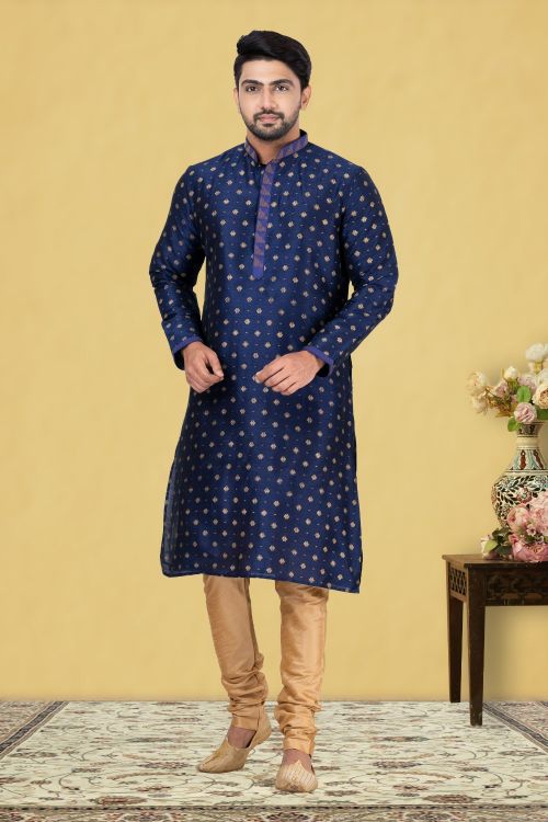 Picture of Exquisite Dupion Silk Navy Blue Kurta Pajama