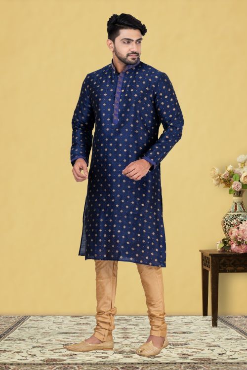 Picture of Exquisite Dupion Silk Navy Blue Kurta Pajama