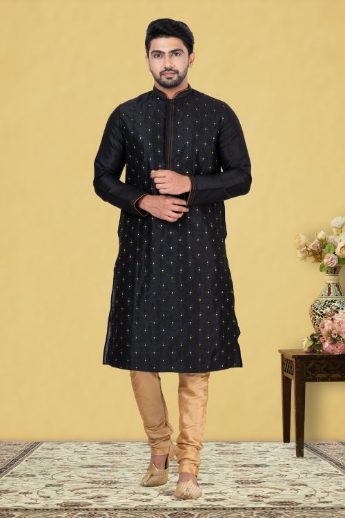 Picture of Bewitching Dupion Silk Black Kurta Pajama