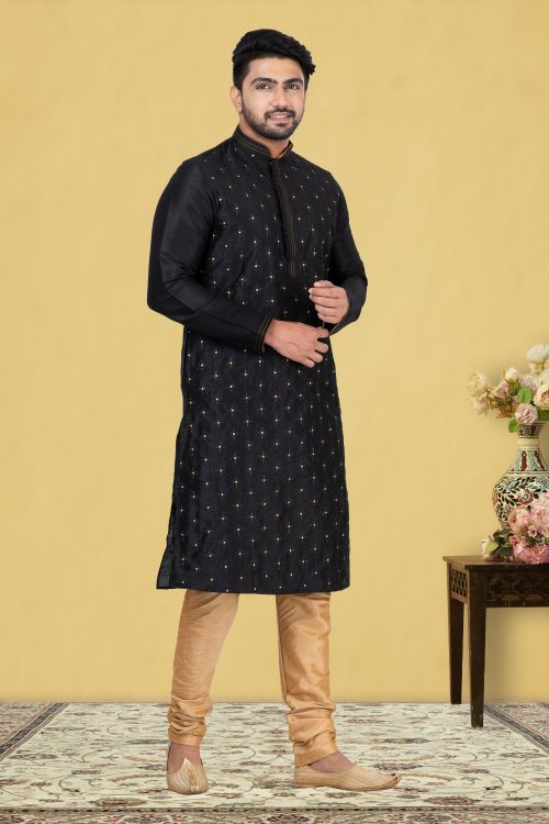 Picture of Bewitching Dupion Silk Black Kurta Pajama