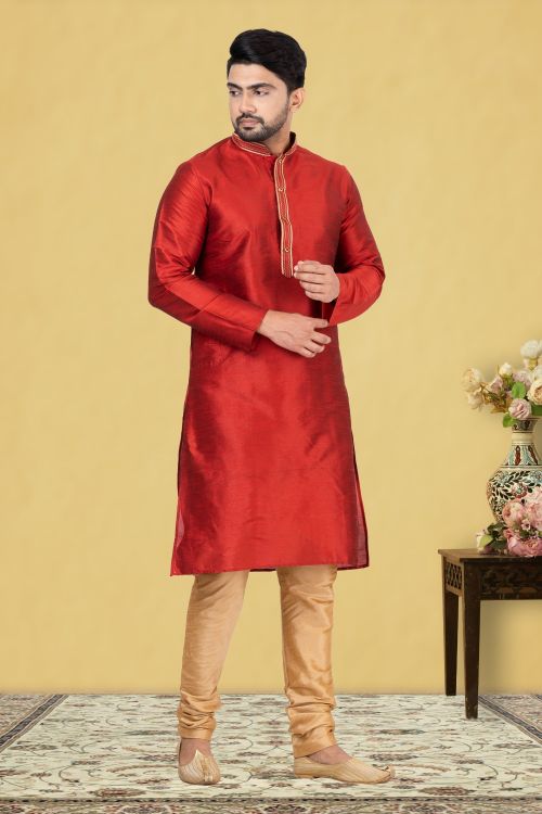 Picture of Appealing Dupion Silk Red Kurta Pajama