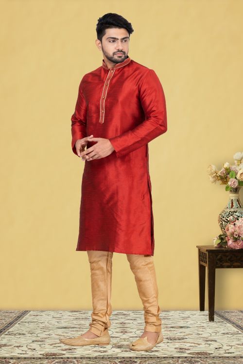 Picture of Appealing Dupion Silk Red Kurta Pajama