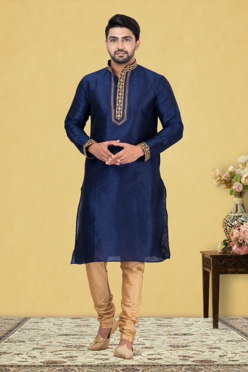 Picture of Sublime Dupion Silk Navy Blue Kurta Pajama