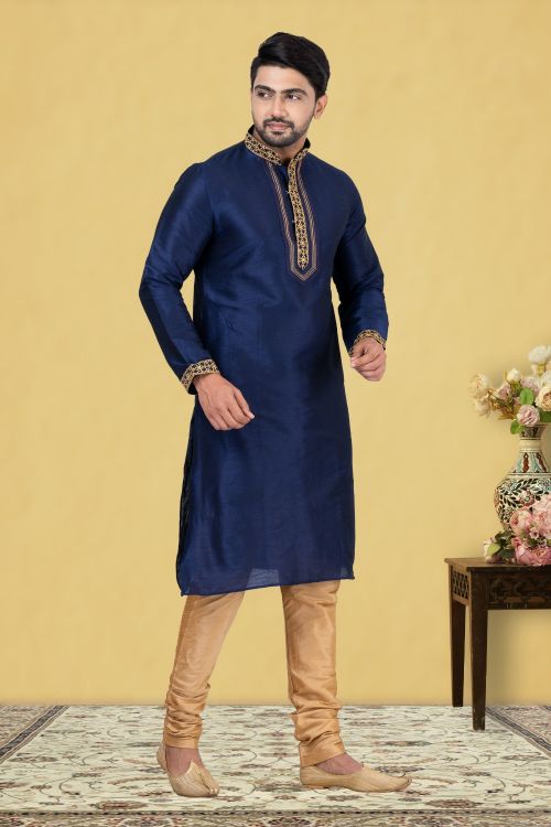 Picture of Sublime Dupion Silk Navy Blue Kurta Pajama