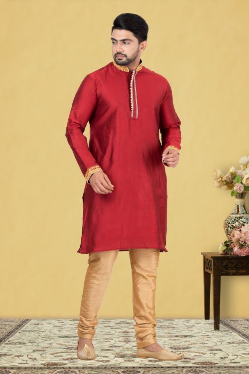 Picture of Bewitching Dupion Silk Red & Dark Red Kurta Pajama