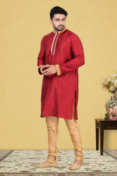 Picture of Bewitching Dupion Silk Red & Dark Red Kurta Pajama