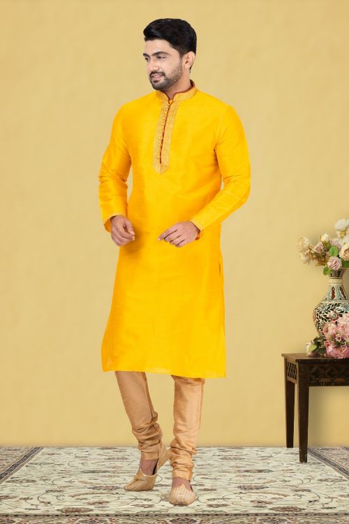 Picture of Shapely Dupion Silk Yellow Kurta Pajama