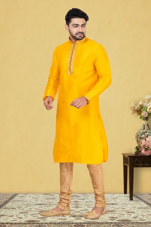 Picture of Shapely Dupion Silk Yellow Kurta Pajama