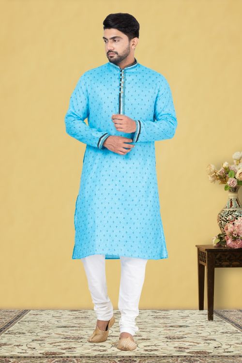 Picture of Ravishing Cotton Sky Blue Kurta Pajama