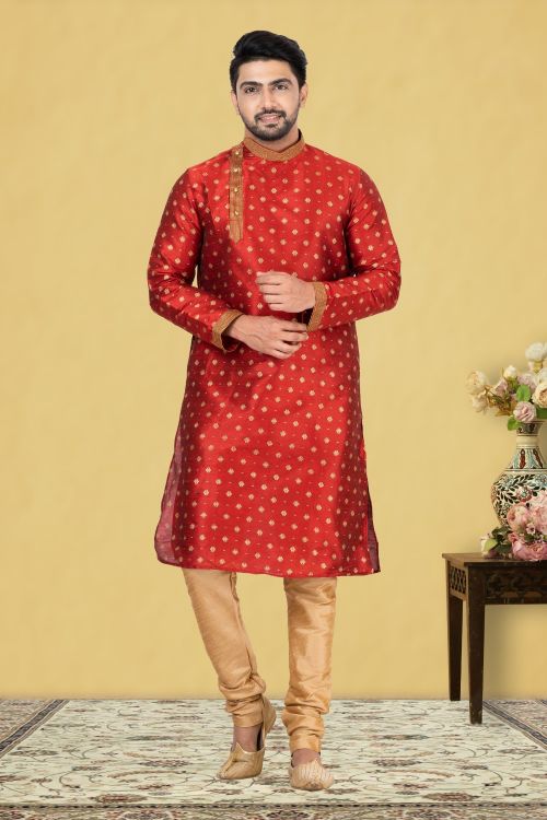Picture of Radiant Dupion Silk Red Kurta Pajama