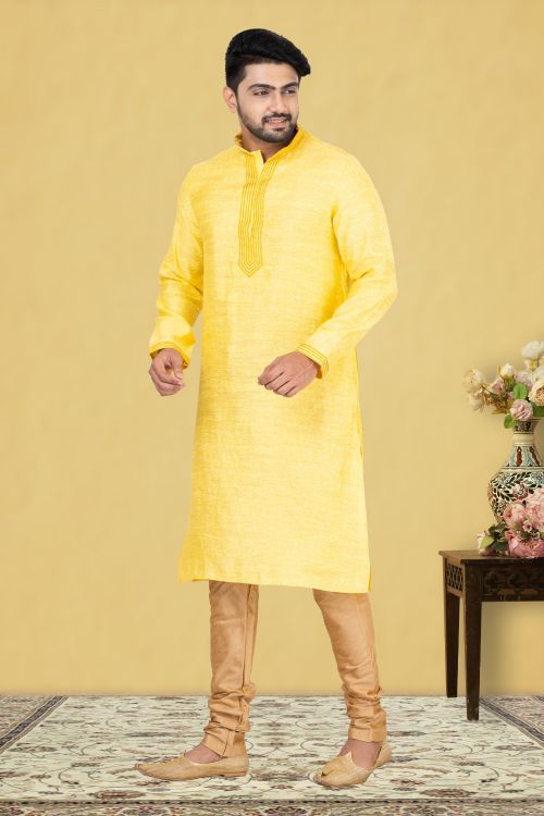Picture of Superb Silk Yellow Kurta Pajama