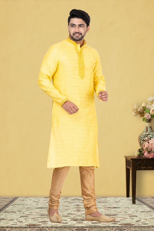 Picture of Superb Silk Yellow Kurta Pajama