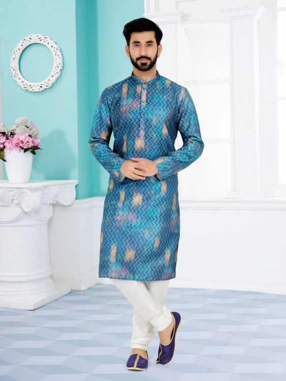 Picture of Enticing Mono Fabric with Digital Print & Sequence Work Blue Kurta Pajama