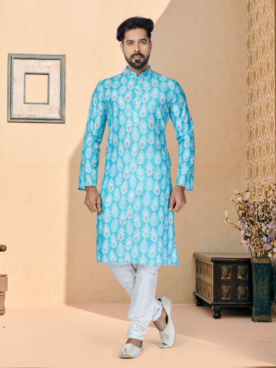 Picture of Well Formed Mono Fabric with Digital Print & Sequence Work Sky Blue Kurta Pajama