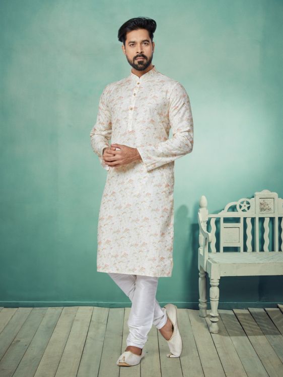Picture of Elegant Mono Fabric with Digital Print & Sequence Work Off White Kurta Pajama