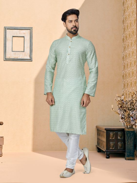Picture of Fascinating Mono Fabric with Digital Print & Sequence Work Light Green Kurta Pajama