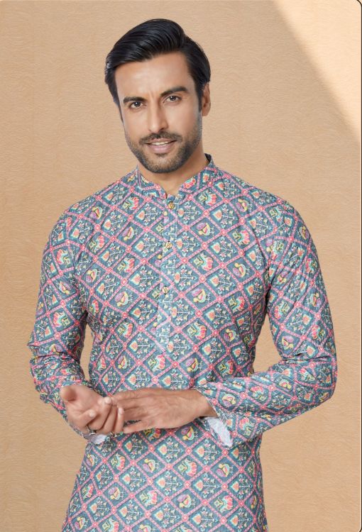 Picture of Radiant Mono Fabric with Digital Print & Sequence Work Multi Kurta Pajama