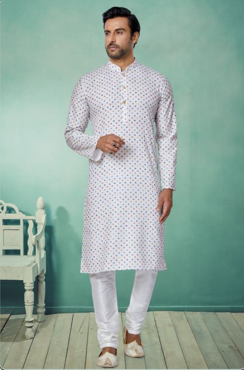 Picture of Grand Mono Fabric with Digital Print & Sequence Work White Kurta Pajama