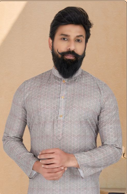 Picture of Enticing Mono Fabric with Digital Print & Sequence Work Grey Kurta Pajama