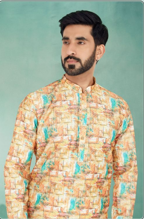 Picture of Resplendent Mono Fabric with Digital Print & Sequence Work Multi Kurta Pajama