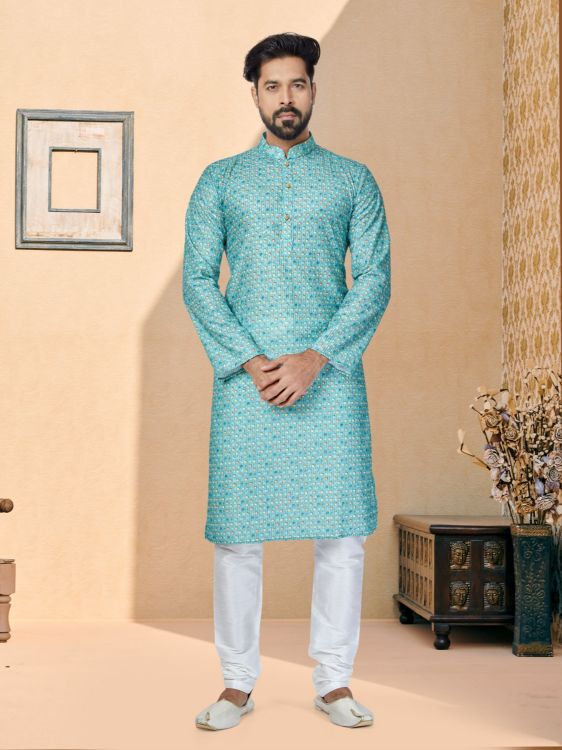 Picture of Alluring Mono Fabric with Digital Print & Sequence Work Light Sky Blue Kurta Pajama