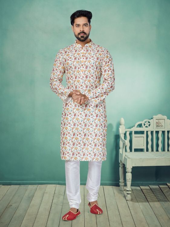 Picture of Fascinating Mono Fabric with Digital Print & Sequence Work White Kurta Pajama