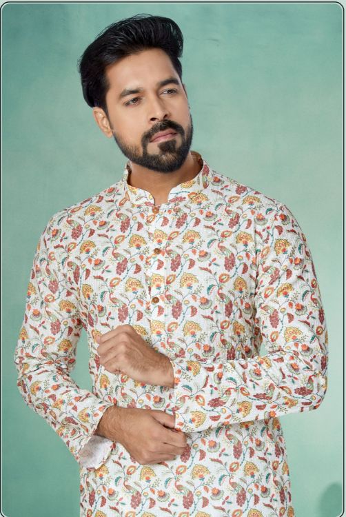 Picture of Fascinating Mono Fabric with Digital Print & Sequence Work White Kurta Pajama