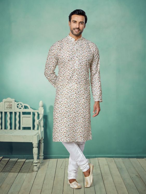 Picture of Alluring Mono Fabric with Digital Print & Sequence Work Off White Kurta Pajama