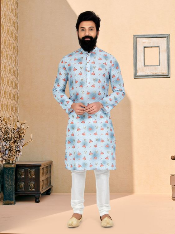 Picture of Stunning Mono Fabric with Digital Print & Sequence Work Sky Blue Kurta Pajama