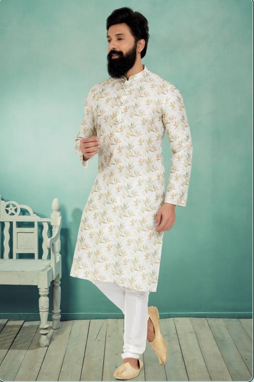 Picture of Classy Mono Fabric with Digital Print & Sequence Work White Kurta Pajama