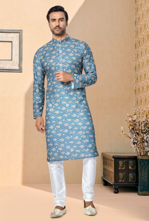 Picture of Splendid Mono Fabric with Digital Print & Sequence Work Blue Kurta Pajama