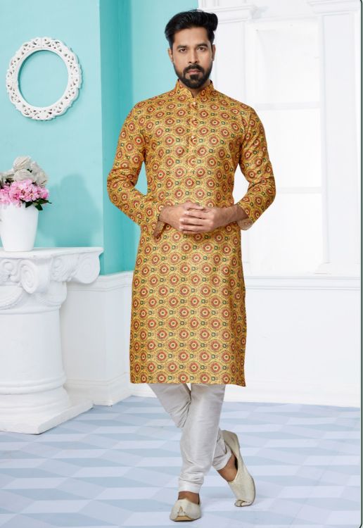 Picture of Resplendent Mono Fabric with Digital Print & Sequence Work Yellow Kurta Pajama