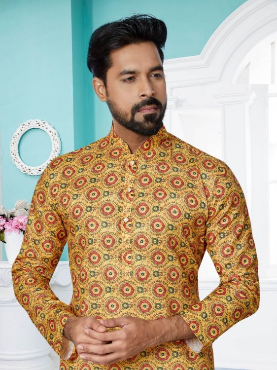 Picture of Resplendent Mono Fabric with Digital Print & Sequence Work Yellow Kurta Pajama